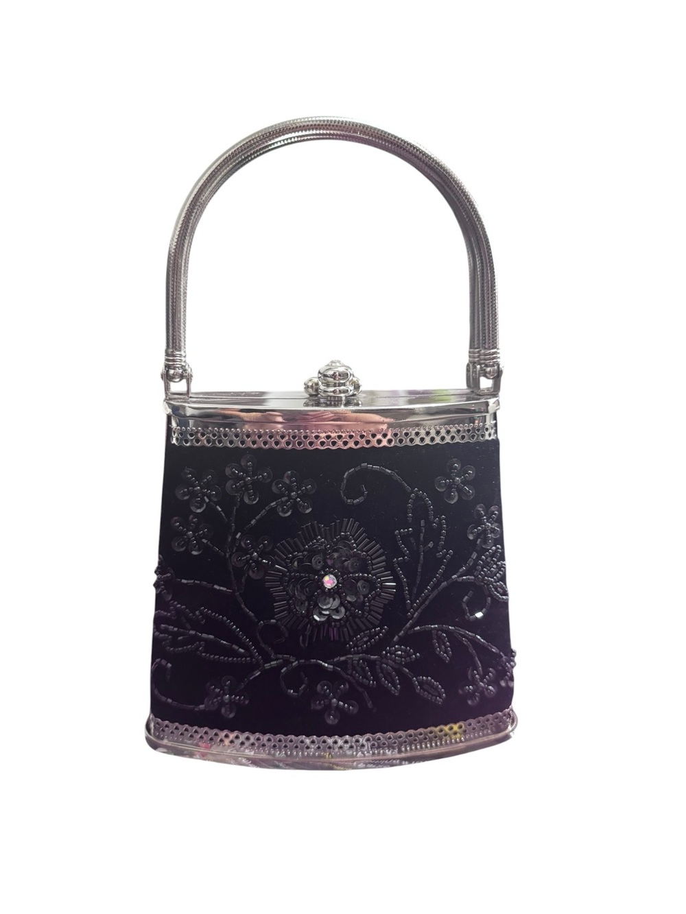 Vintage-Inspired Black Floral Velvet Evening Bag with Silver Trim